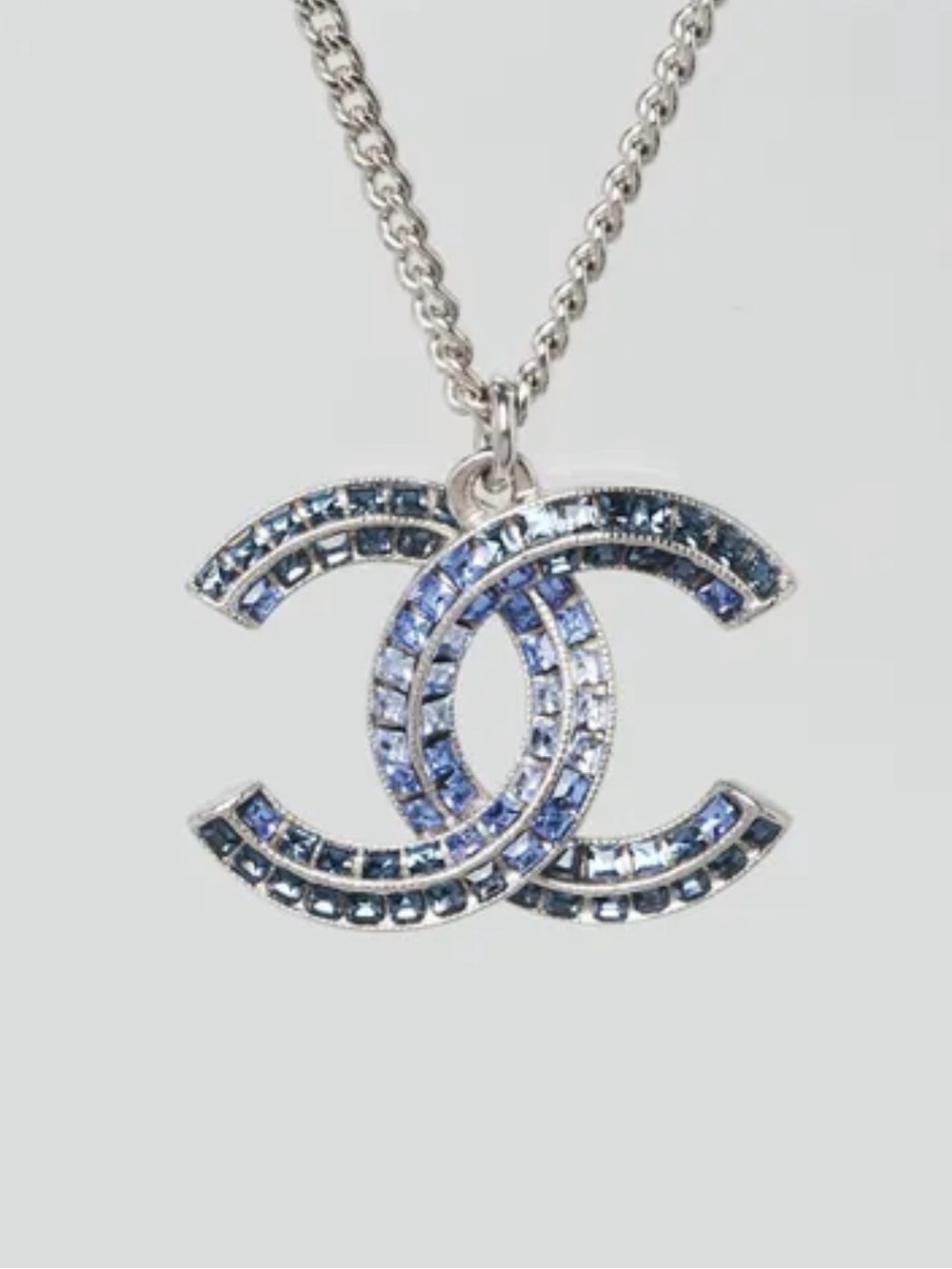 CHANEL Silver-Tone Double C Necklace with Blue Crystals